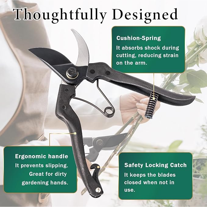 Professional Forged Bypass Pruning Shears 7.9" Japanese Hand Garden Scissors Made in Japan (Cusion-Spring Model)