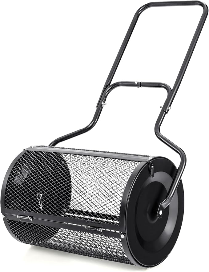 S AFSTAR 24-Inch Compost Spreader, Peat Moss Spreader with Upgrade Side Latches & U-Shape Handle, Metal Mesh Topdressing Roller for Topsoil, Fertilizer, Garden & Lawn Care Manure Spreader (Black)