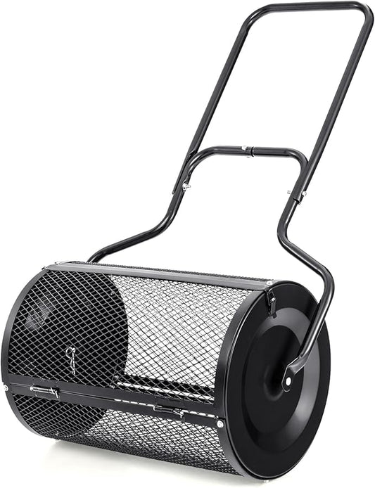 S AFSTAR 24-Inch Compost Spreader, Peat Moss Spreader with Upgrade Side Latches & U-Shape Handle, Metal Mesh Topdressing Roller for Topsoil, Fertilizer, Garden & Lawn Care Manure Spreader (Black)