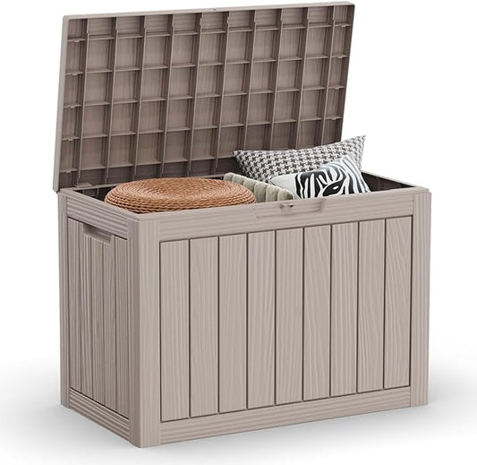 DRATO 45 Gallon Deck Box, Outdoor Storage Box for Patio Furniture, Patio Cushions, Gardening Tools, Pool Supplies 480lbs Weight Capacity,Waterproof Resin Storage Boxes（Grey，45 Gallon）