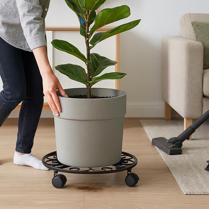 5 Pack Plant Caddy with Wheels Heavy Duty 13.5 Inch Metal Plant Stand on Wheels Plant dolly Rolling Stand Plant Roller with Casters for Indoor and Outdoor with 5 Pack Plastic Saucers, Black