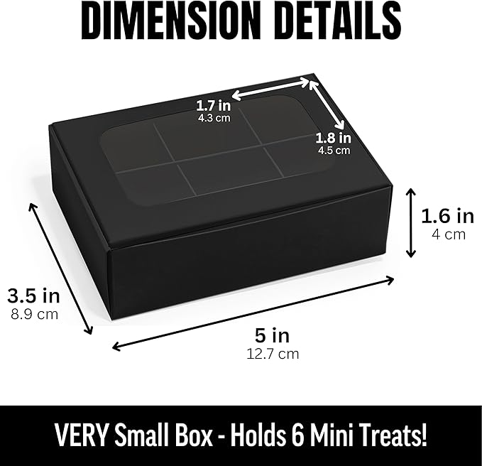 100 pcs Black Mini Truffle Box for 6 treats with Window and Dividers, Bakery Boxes, 5 x 3.5 x 1.57 Inches VERY SMALL Baking Boxes, Square Truffles Decorating Supplies for Gift Giving