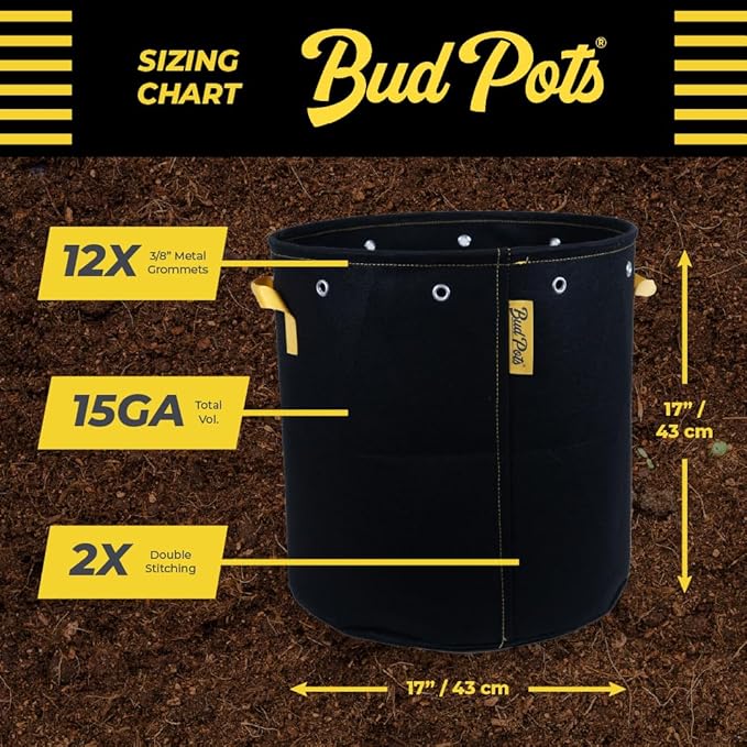 BudPots for Optimal Plant Growth | 15 Gallon Fabric Pots (56.7L) | 4-Pack | Metal Reinforced Rim - Sturdy & Never Collapses | Promotes Dense & Healthy Roots | Low Stress Training | Reusabe