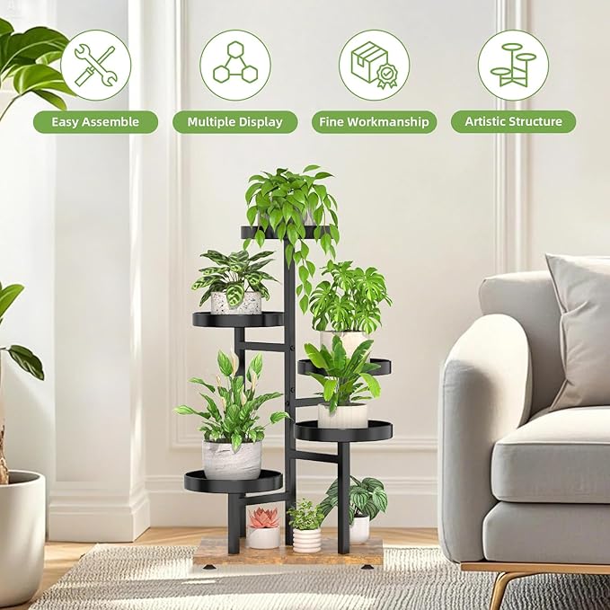 iDavosic.ly 5 Tier Plant Stand Indoor, Tiered Corner Metal Wood Multiple Flower Holder Shelf, Tall Orchid Display Rack for Patio Porch Living Room Balcony Outdoor, Brown