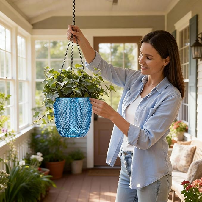 QCQHDU Self Watering Hanging Pots, 2 Pack 5.7 Inch Hanging Planters for Plants Indoor, Outdoor Flower Pots with Drainage Holes and 3 Hooks Chains for Garden Home (Klein Blue)