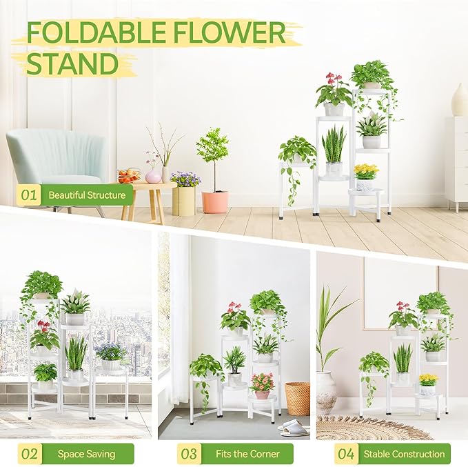 iDavosic.ly Plant Stand Indoor Outdoor, 6 Tier Corner Metal Flower Display Holder Shelf, Easy Assembly Folding Tall Orchid Rack for Patio Balcony Porch Garden Living Room House, White
