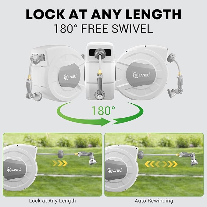 SILVEL Retractable Garden Hose Reel, 1/2 in x 100ft Wall Mount Heavy Duty Automatic Hose Reel with 10 Pattern Nozzle, Any Length Lock & Slow Return System, 180°Swivel Bracket Upgraded UV Resistant
