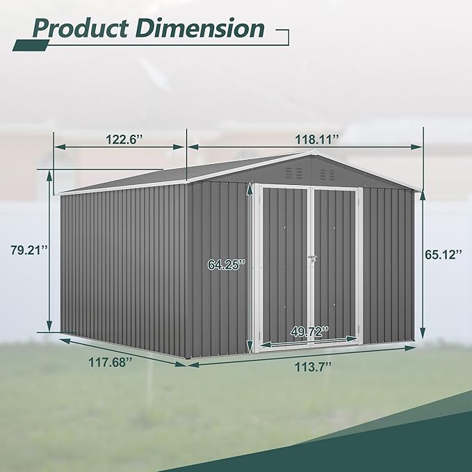 10X10 FT Outdoor Storage Shed,Metal Shed W/Lockable Doors,Air Vents & Sloped Roof,Garden Tool House W/Updated Frame Structure,for Backyard Patio Lawn,Gray