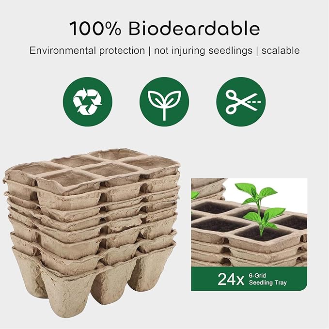 GROWNEER 144 Cells Peat Pots Seed Starter Trays 24 Packs Biodegradable Seedling Pots Germination Trays Organic Plant Starter Kit with 15 Pcs Plant Labels