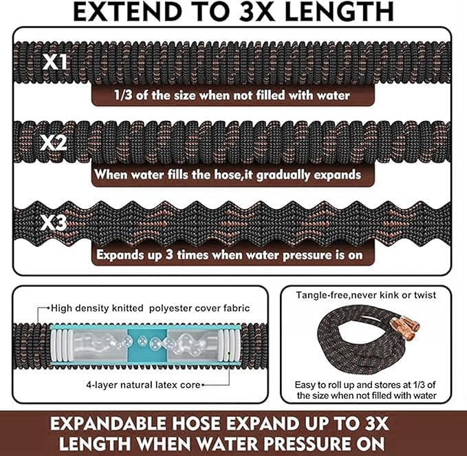 100FT Expandable Garden Hose - with 10-Function Spray Nozzle - Lightweight, Flexible, 3/4" Solid Brass Fittings-champagne