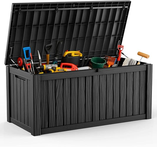 DRATO 120 Gallon Large Deck Box, Outdoor Storage Box for Patio Furniture, Patio Cushions, Gardening Tools, Pool Supplies,660lbs Weight Capacity,Waterproof Resin Storage Boxes（Black，120 Gallon）