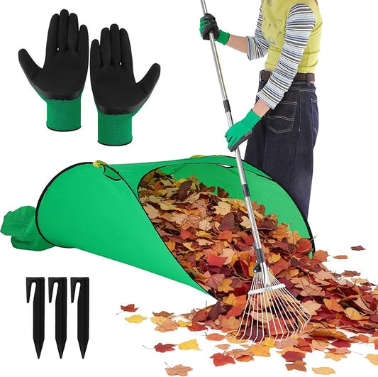 Leaf Rake for Lawns with 70 Gallon Large Foldable Leaf Bags, Heavy Duty Metal Garden Yard Rake Long Handle Garden Gloves for Gardening Outdoor Camping Shrub Grass Bush