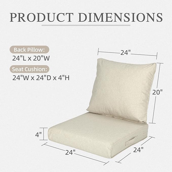 Aoodor 24" x 24" Patio Deep Seat Cushion Set, Water Resistant & Fade Resistant Outdoor Furniture Cushions with Adjustable Straps for Patio, Deck, Garden, Set of 2, Khaki