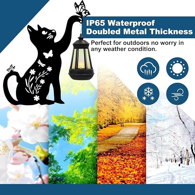 Black Cat Solar Lights Outdoor Garden - 2 Pack Solar Lights Outdoor Garden Decor Stake with Butterfly Decorative Metal Housewarming Ornament for Yard Lawn Patio – Unique Gift Ideas for Christmas