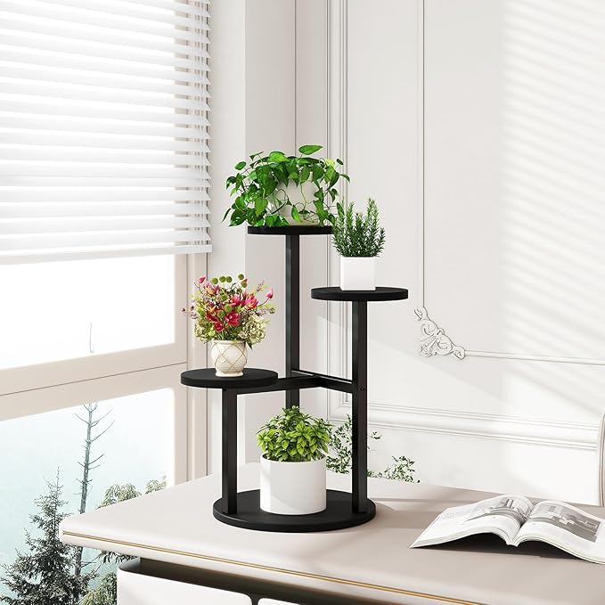 IBUYKE 4 Tier Plant Stand Indoor, Metal Wood Plant Shelf for Multiple Plants, Small Tiered Corner Flower Pot Stand for Living Room Patio Balcony Garden, Black TMJ073B