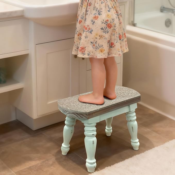 Farmhouse Wooden Plant Stand - Rustic Solid Wood Design, 300lb Capacity, Sturdy Step Stool for Kids, Kitchen, Bathroom, Vintage Home Decor(Green)