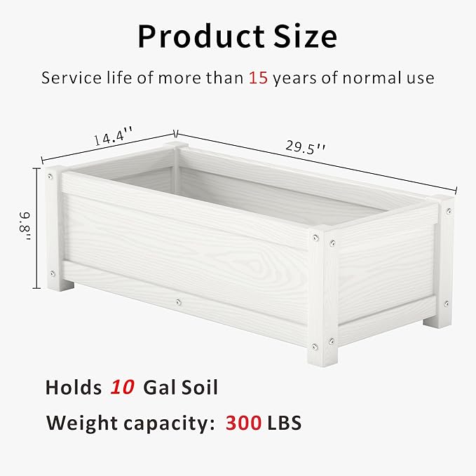 HDPE Raised Planter Box Outdoor,Rot-Resistant and Non-Cracking,Raised Beds for Gardening 29.5 * 14.4 * 9.8 in for Yard,Lawn,Outdoor Planter Boxes Rectangle with Drainage Holes White
