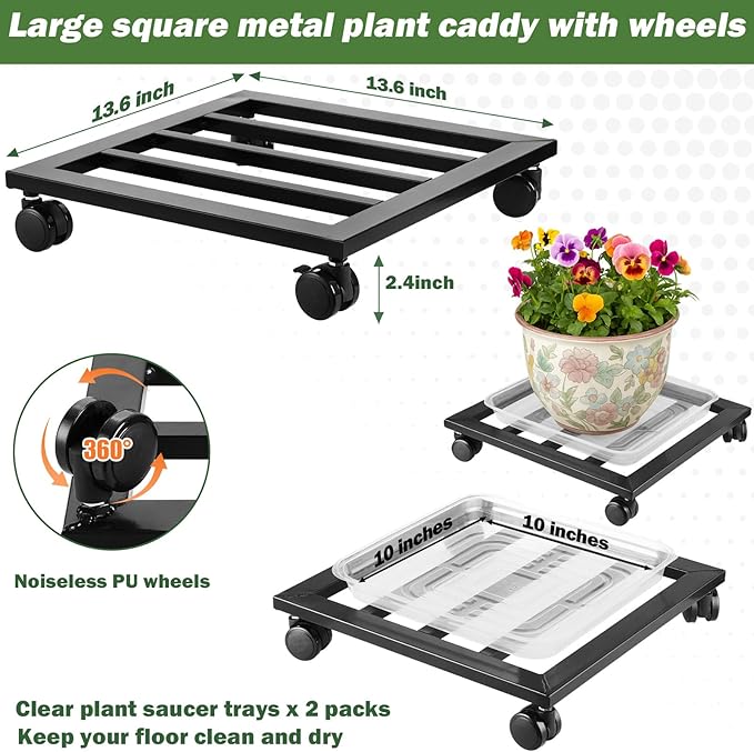 1 Packs 13.6 inches Large Metal Plant Caddy with PU Wheels Square Planter Dolly Pot Mover Rollers Wrought Iron Rolling Plant Stands Indoor Outdoor Plant Holder Coaster Trolley, Black