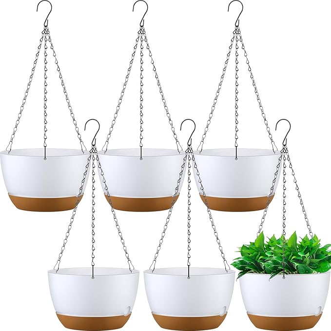 Remerry 6 Pcs 11.2 Inch Hanging Planters Hanging Plant Basket for Indoor Outdoor Plants Set Plastic Hanging Flower Pot with Drainage Holes and Removable Trays for Home Garden (White)