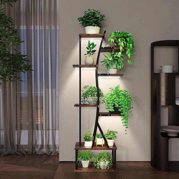 ROOMTEC Plant Stand Indoor with Grow Lights, Indoor Plant Stand with Curved Corner, 8 Tiered Plant Shelf Indoor, Tall Plant Stands Indoor for Living Room, Patio, Balcony Decor, 2PCS