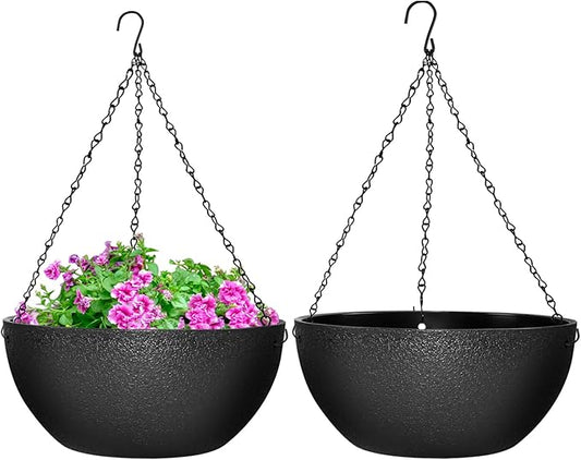 Enenes 13 Inch Large Hanging Planters 2 Pack, Plastic Plant Pots with Drainage Holes and Chains for Indoor or Outdoor Garden, Patio, Large Hanging Baskets