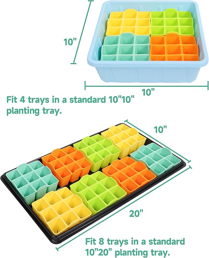 8 Packs Colorful Seedling Starter Trays, Silicone Seed Starter Trays Suitable for 10" 10" Planting Trays, BPA-Free & Dishwasher Safe, Indoor Gardening Plant Germination Trays