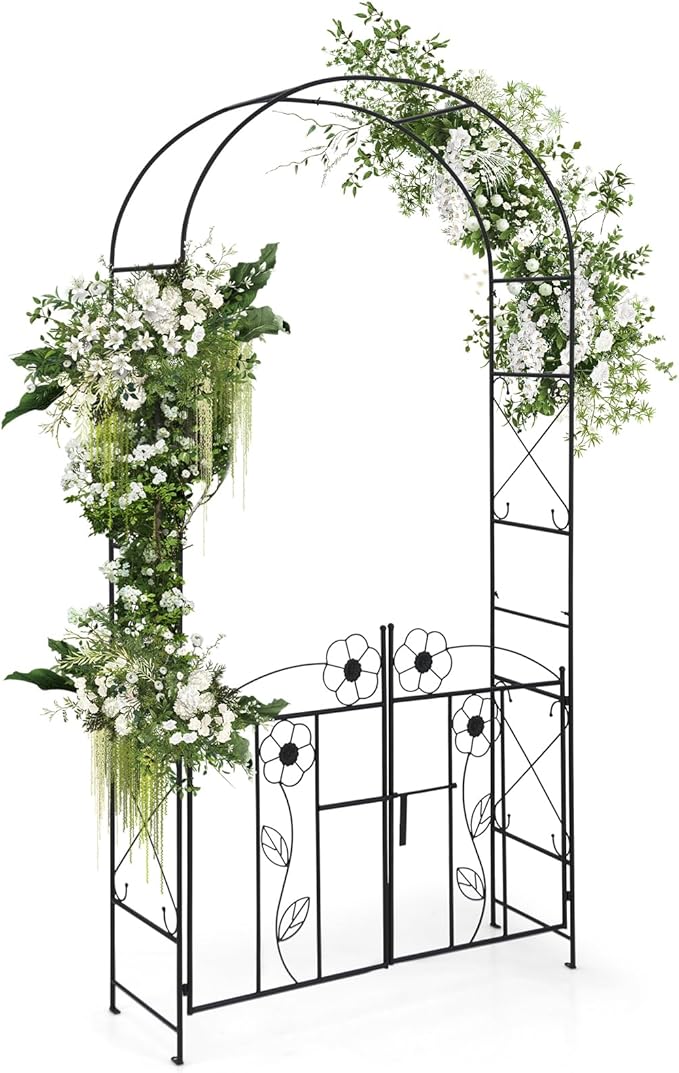 Moccha Garden Arbor, 90" Metal Arbor Trellis for Climbing Plants, Rose, Ivy, Outdoor Archway Pergola with Lockable Gate, 4 Ground Stakes, Garden Arch for Lawn Patio Bridal Party Pathway Ceremony