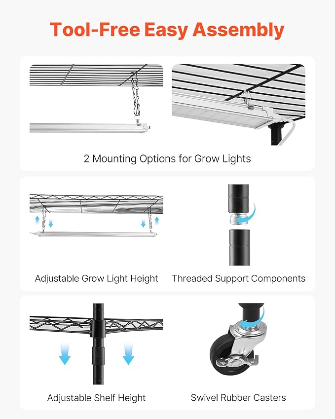 VEVOR Plant Shelf with Grow Light, 4-Tier Indoor Plant Stand, 59in Tall Plants Display Rack with Wheels, 90W 3-Color Full Spectrum Grow Lights, Heavy Duty Metal Flower Pot Holder for Seed Starting