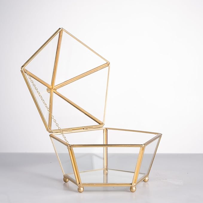 NCYP Small Geometric Vintage Glass Jewelry Box, Gold Succelent Plants Terrarium with Swing Lid, Pentagon Shape Clear Metal Brass Display Planter for Wedding Decoration (No Plants, Terrarium Only)