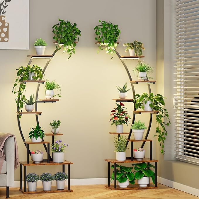 Plant Stand Indoor with Grow Lights, 2 Pack 63" Tall Corner Plant Shelf with Hook, Plant Shelving Rack Organizer with Adjustable Brightness & Timer, Tiered Metal Plant Flower Holder for Home, Patio