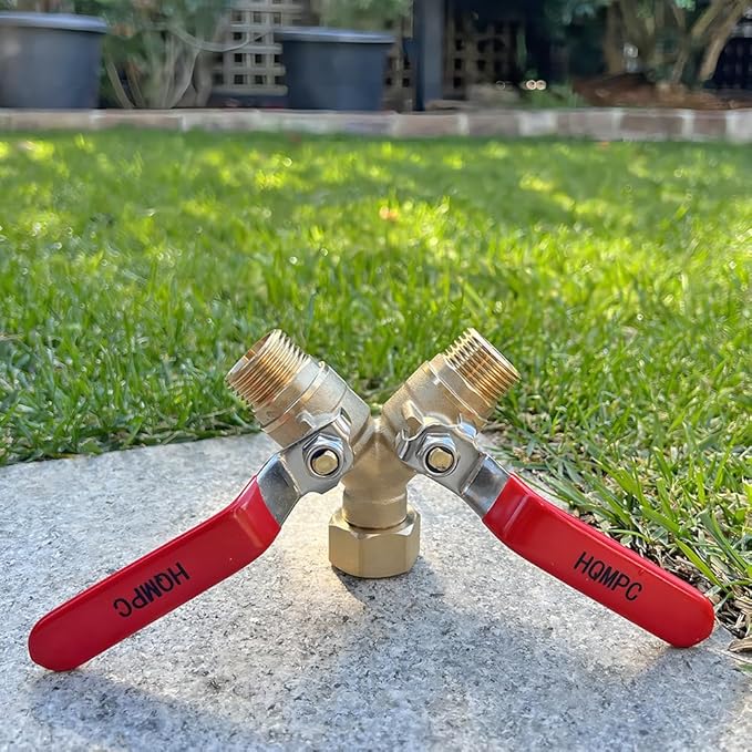 HQMPC Garden Hose Y Valve Splitter With Stainless Steel Long Handle - Brass 2 Way Water Adapter, 3/4" GHT Thread