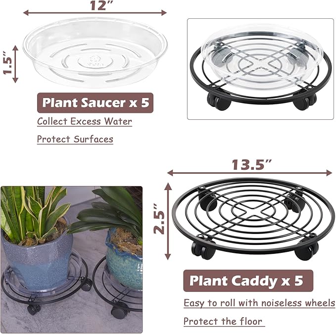5 Packs 13.5" Metal Plant Caddy with Wheels Large Rolling Plant Stands Indoor Wheeled Plant Dolly Heavy-duty Planter Mover Roller Base Outdoor GardenTrolley Cart Water-proof, Plant Saucers on Wheels