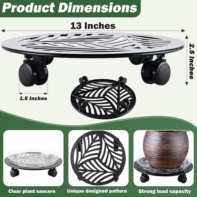 2 Packs Large Metal Plant Caddy with PU Wheels 13" Heavy-Duty Wrought Iron Rolling Plant Stands Indoor Outdoor Wheeled Plant Dolly Planter Mover Rollers Plant, Leaf Style