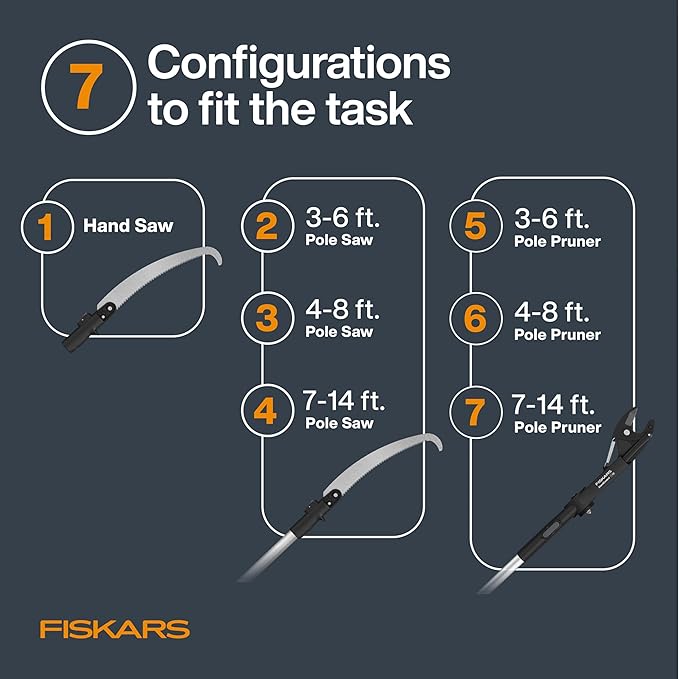Fiskars XtendControl Extendable Tree Pruner (14 ft), Adjustable Branch Trimmer w/Fixed Pruning Head, 15" X2 Hook Bill Saw, 3-6 ft & 4-8ft Extension Poles, and Automatic Cord Reel for Precise Cuts