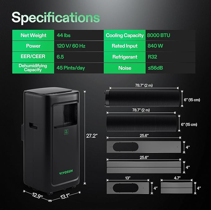 VIVOSUN AeroLush C08 Smart Air Conditioner, 8000BTU, 4-in-1 Function, with Temperature & Humidity Sensor Probe, Smart Remote Control, Designed for Growing Environments