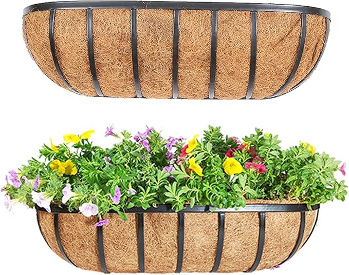 24“ Window Box Railing Planter with Coco Liner Metal Wall-Mounted Coconut Liner Planter Basket English Horse Trough Planters for Outdoor Deck Balcony Porch Fence Patio Black (2 Pack)