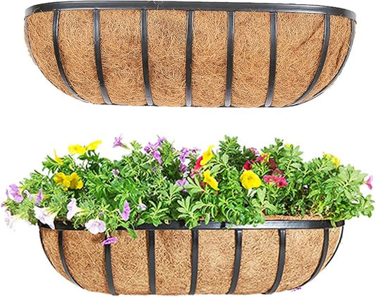 24“ Window Box Railing Planter with Coco Liner Metal Wall-Mounted Coconut Liner Planter Basket English Horse Trough Planters for Outdoor Deck Balcony Porch Fence Patio Black (2 Pack)