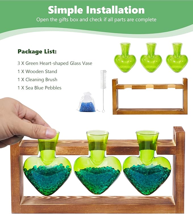 Nacome Plant Terrarium Propagation Stations: Christmas Gifts for Plant Lovers Women Mom Wife - Wooden Stand Tabletop Planter 3 Bulb Glass Vase Heart Shaped for Hydroponics Indoor Home Decor(Green)