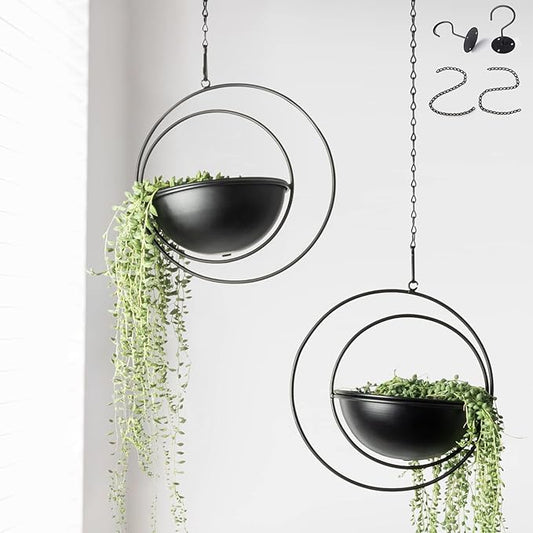 Hajia 2 Pack Moon Shaped Hanging Plant Holder with 8 Inch Detachable Pot, Black Metal Plant Hanger for Indoor Outdoor, Minimalist Hanging Planter for Wall Ceiling Decor.(with Drainage Holes)