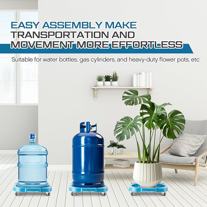 4 Pack 5 Gallon Water Bottle Jug Caddy with 4 Rolling Swivel Casters Wheels 5 Gallon Bucket Dolly for Heavy Duty Garden Flower Pot Movers, Plant Stroller, 11" Inside Diameter (Dark Blue)