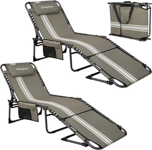 KingCamp 2 Pack Tanning Chair with Face Hole, Lounge Chairs Outdoor Folding Comfy Adjustable 5-Position Foldable Chaise Chaser Lounger for Outside Beach Patio Sun Bathing Pool, Grey/White