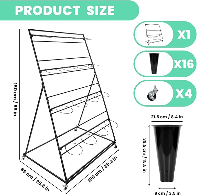 Flower Display Stand with Buckets, 4 Layers 16PCS Buckets Metal Flower Cart Display Stand with Wheels, for Patio Garden, Living Room (4 Layers Black Round Bucket)