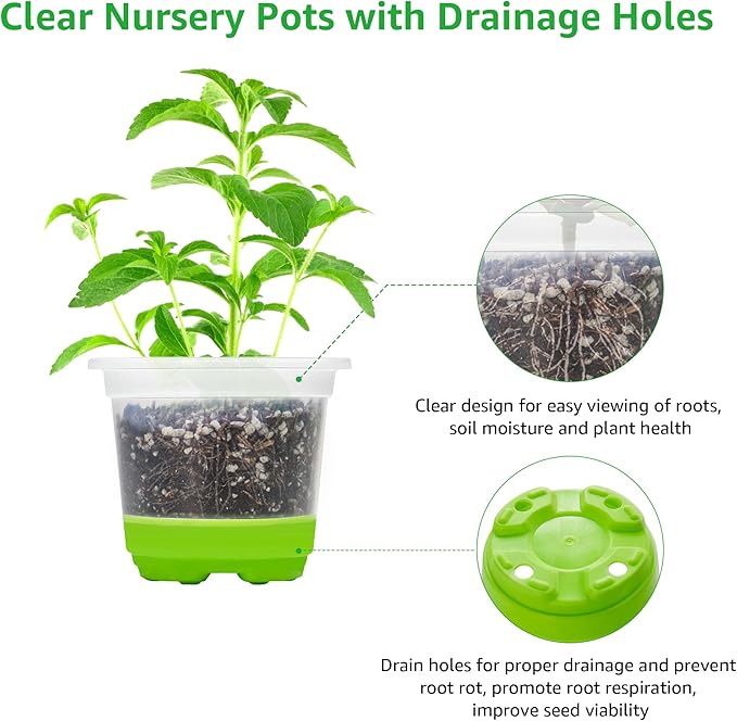 MIXC Thickened Clear Nursery Pots with Silicone Base for Easy Transplant 30 Packs 5 Inch, Transparent Plant Pot Reusable Seedling Pots for Vegetable Propagation, Root Cutting, Seed Starting, Green