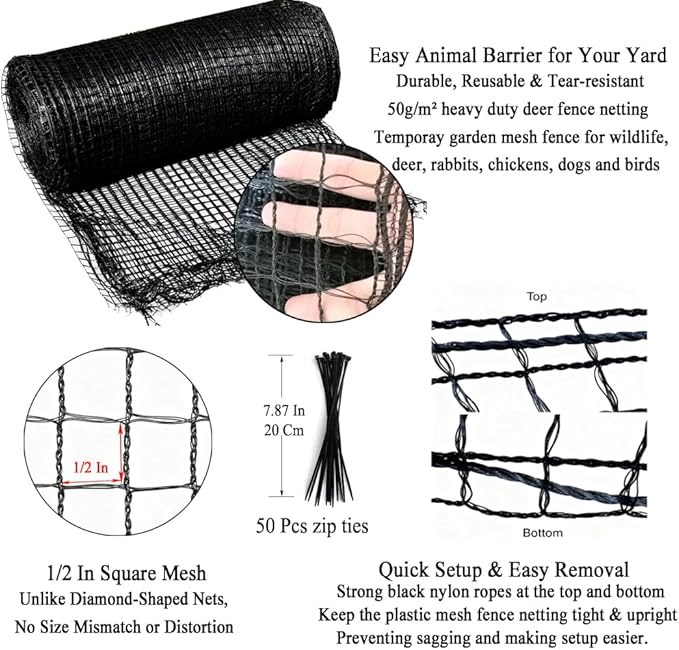 Deer Fence Netting, 5x100 Ft Plastic Mesh Netting for Garden Protection, Temporary Fence Animals Barrier for Bird, Chicken, Reusable Mesh Fencing Roll for Vegetable, Fruit Tree, Shrubs, Black