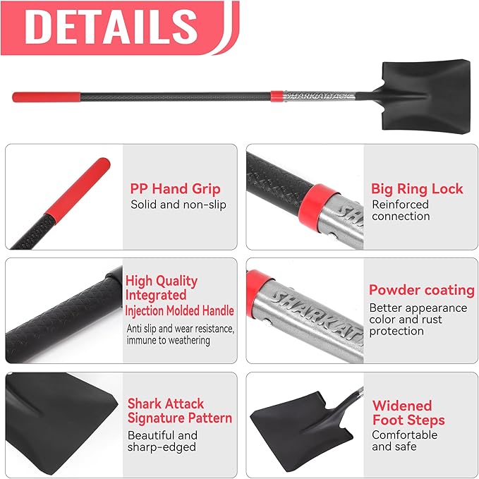 SHARK ATTACK 5-Piece Steel Shovel Spade Set with D-Grip Handles - Multi-Size Garden Shovels with Powder Coating for Digging, Planting & Car Emergency