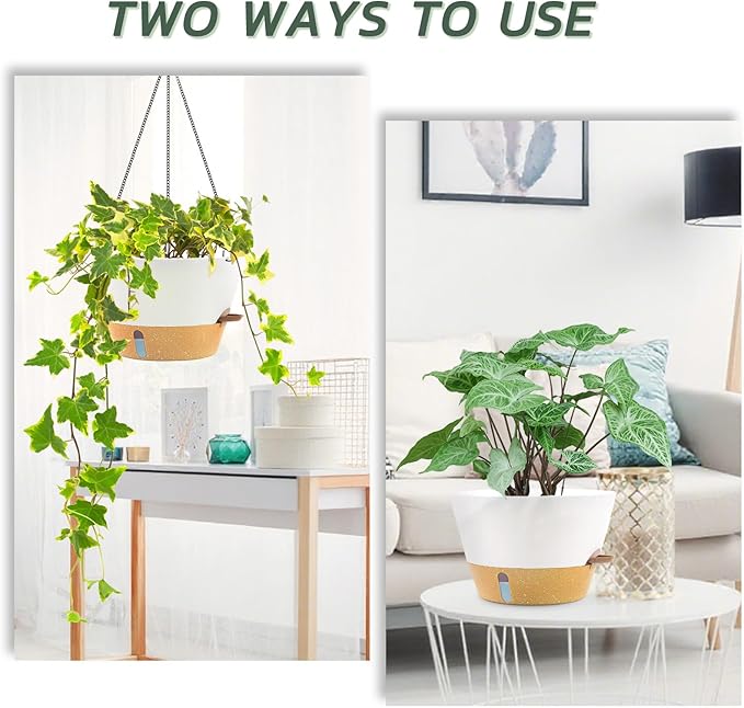 ZMTECH 12 Inch Hanging Planters for Indoor Plants, 2 Pack Self Watering Hanging Planter with Visual Reservoir, Hanging Pots for Plants Outdoor with Drainage Hole and Plant Hanger(2 Pack, White)