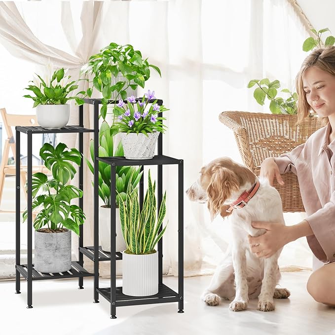 iDavosic.ly 6 Tier Plant Stand Indoor with Wheels, Metal Tiered Corner Flower Holder Shelf Outdoor for Large Pots, Tall Rolling Rack for Patio Porch Garden Balcony Living Room, Modern Black