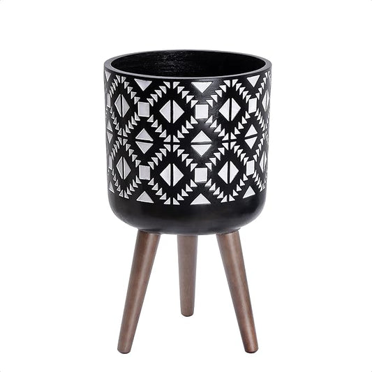 D'vine Dev 10 Inch Planter Pot with Stand, Mid-Century Tall Plant Pot with Legs for Indoor Plants, White/Black, 88-G-B-4