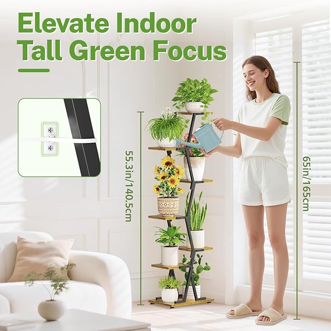 iDavosic.ly 6 Tier Indoor Plant Stand, Corner Tall Metal & Wood Flower Shelf, Orchid Display Rack for Living Room Balcony Patio Porch, Space Saving & Multifunctional Display, Black & Brown