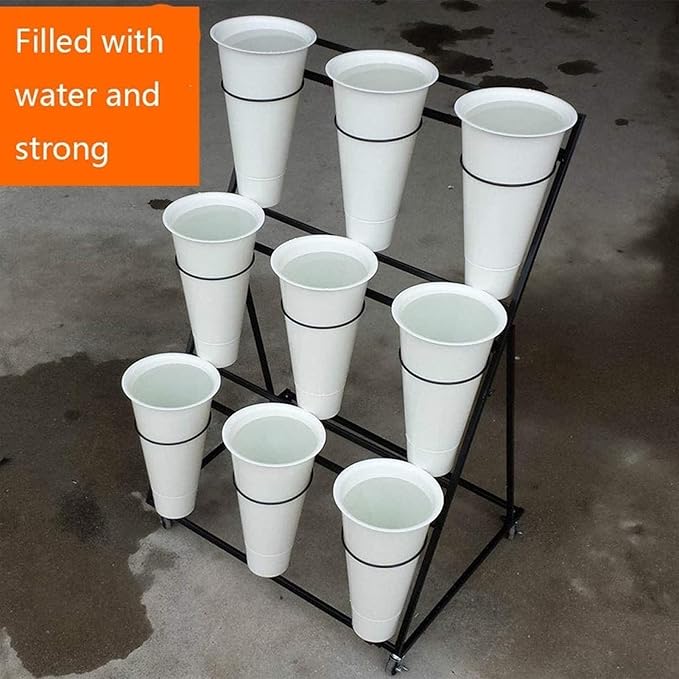 Flower Display Stand with 12pcs Plastic Buckets Iron Plant Stand with 4 Universal Wheel, 3-layers Metal Moving Florist Bouquet Shelf for Fresh Flower Shop (WHITE)
